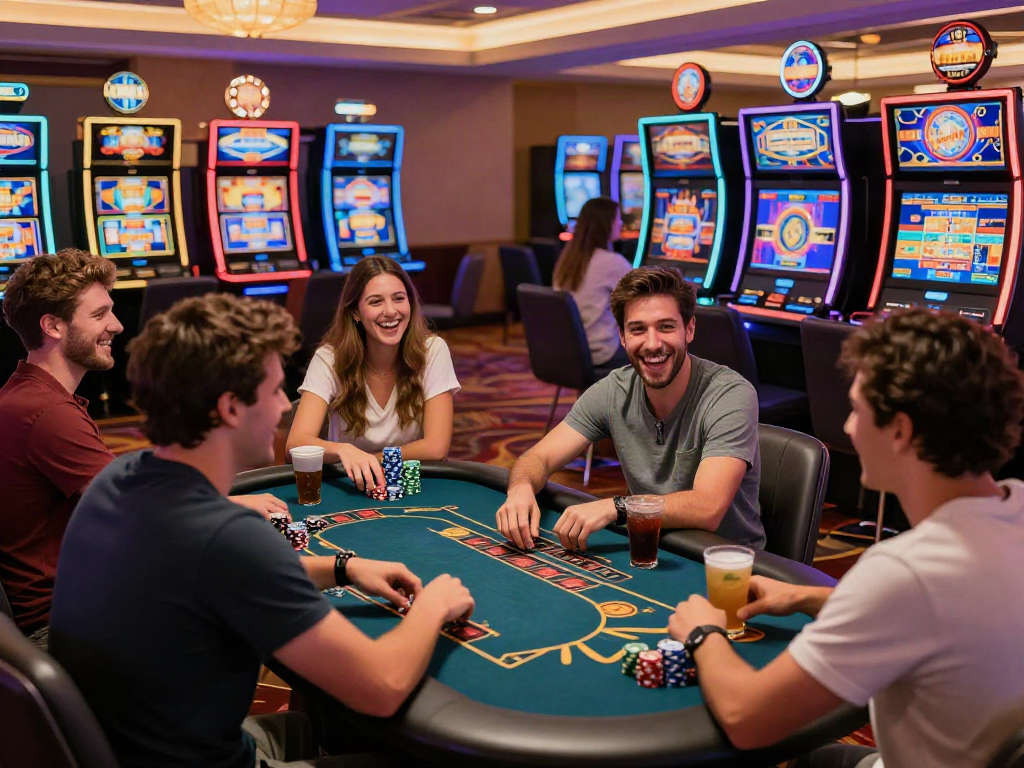 A lively casino not on gamestop scene with players enjoying various games.