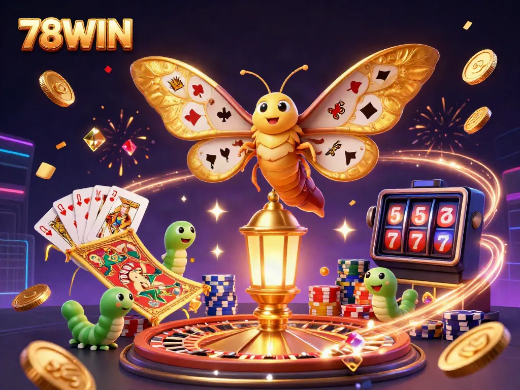 Engage with the vibrant world of 78WIN, showcasing an atlas moth, casino elements, and dynamic golden coins.
