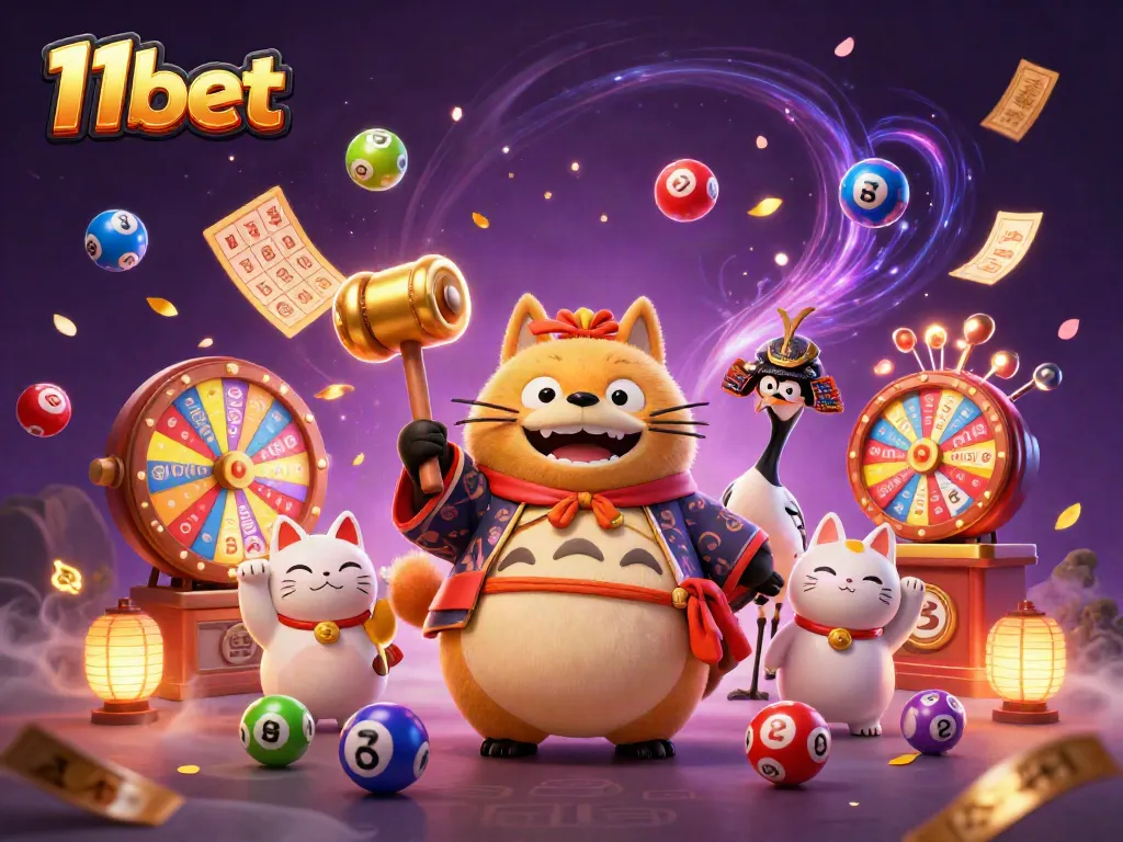 Join the exciting world of 11bet, where a tanuki celebrates with vibrant casino elements