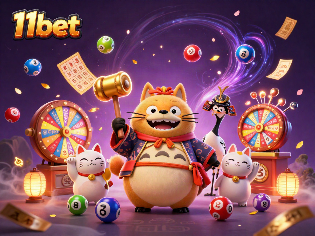 Join the exciting world of 11bet, where a tanuki celebrates with vibrant casino elements