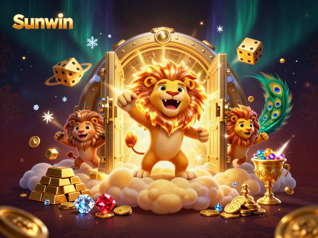 Experience the excitement of Sunwin with a lively illustration of a roaring sun lion atop gold clouds, surrounded by treasures.