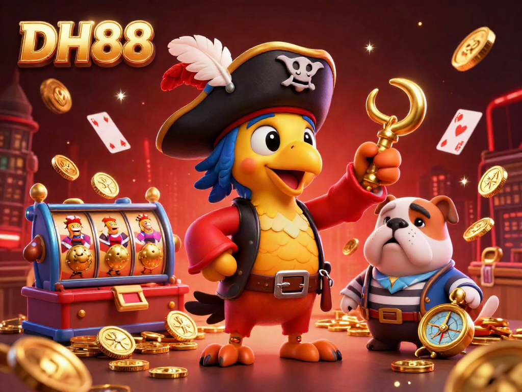 Engage with DH88's vibrant casino atmosphere through playful pirate characters and falling coins.