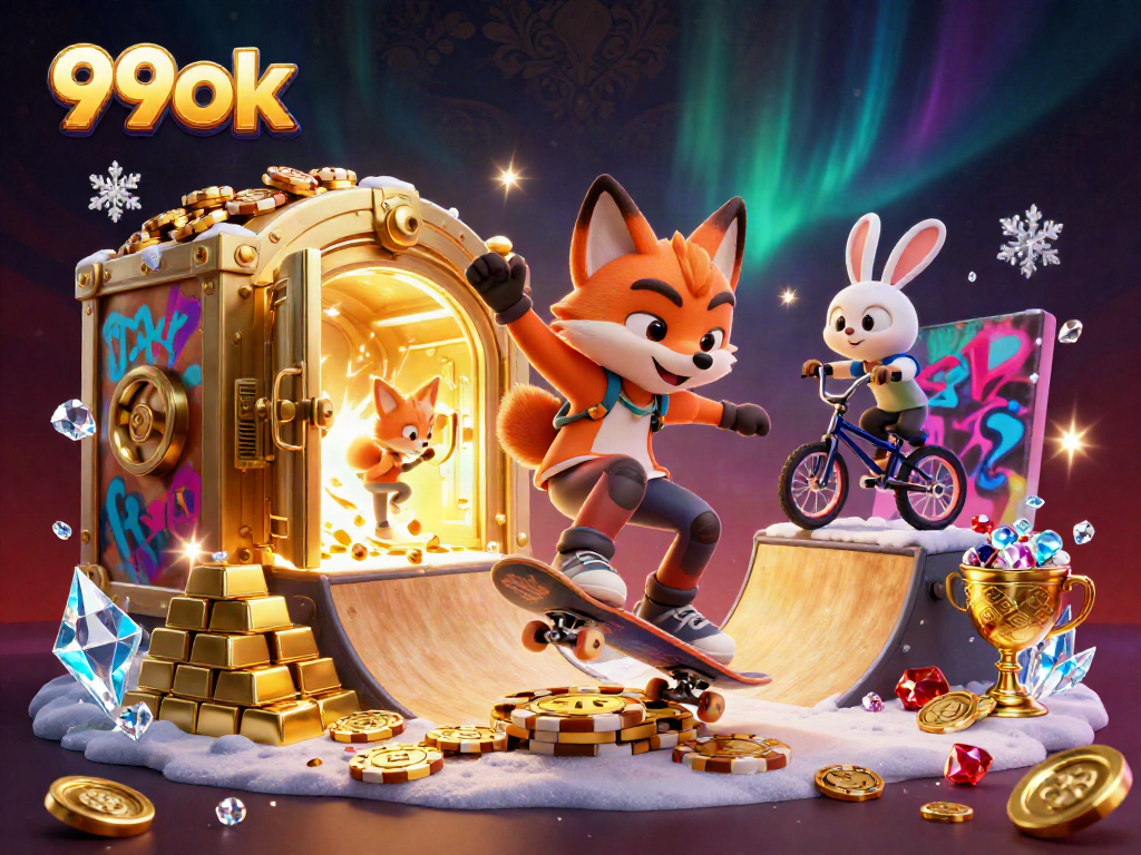Experience the thrill of winning with 99ok, featuring dynamic casino symbols in a vibrant illustration.