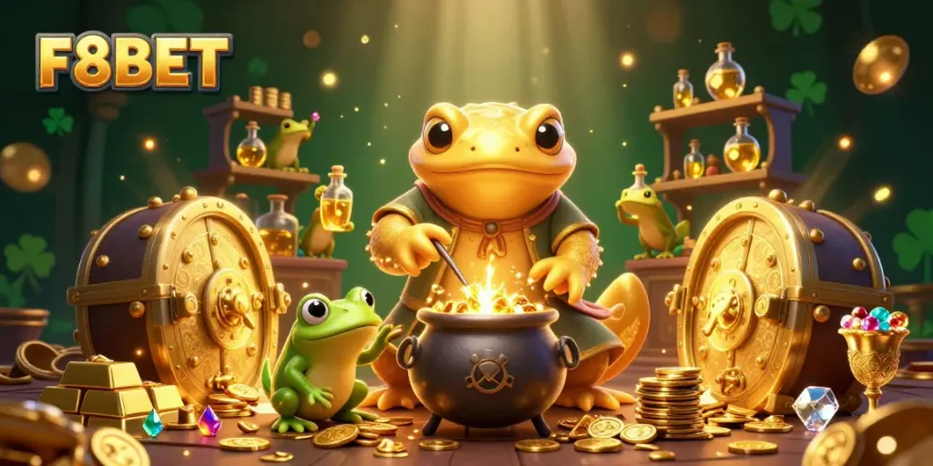 Experience F8BET's magical transformation with a golden salamander alchemist amidst treasures and gold coins.