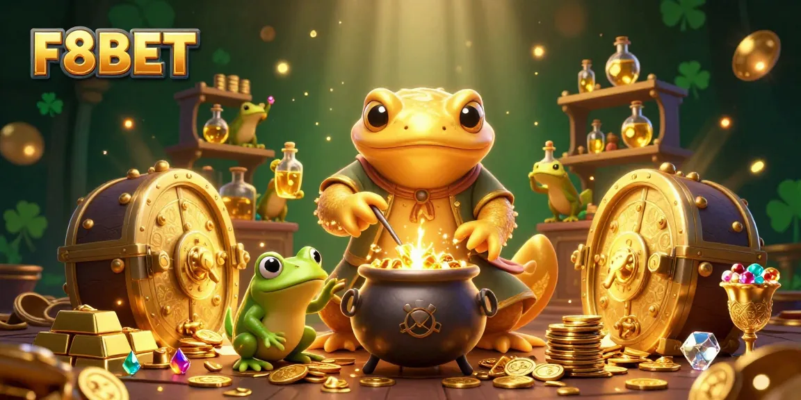 Experience F8BET's magical transformation with a golden salamander alchemist amidst treasures and gold coins.