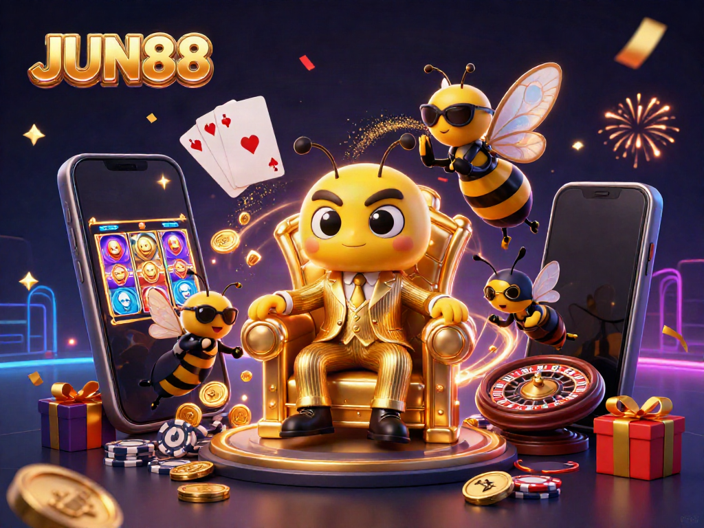 Engage in thrilling gaming at JUN88 with dynamic characters and vibrant casino elements
