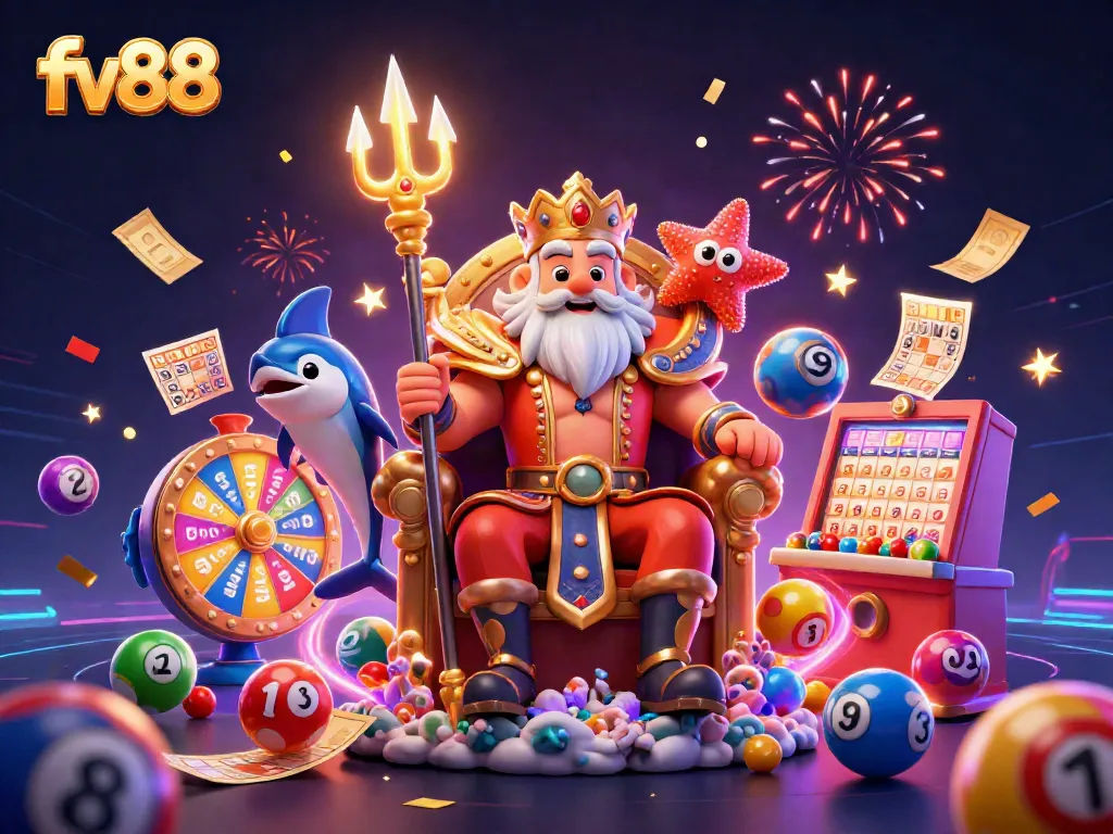 Experience the excitement of fv88 with a vibrant 3D illustration featuring a whimsical underwater casino theme.