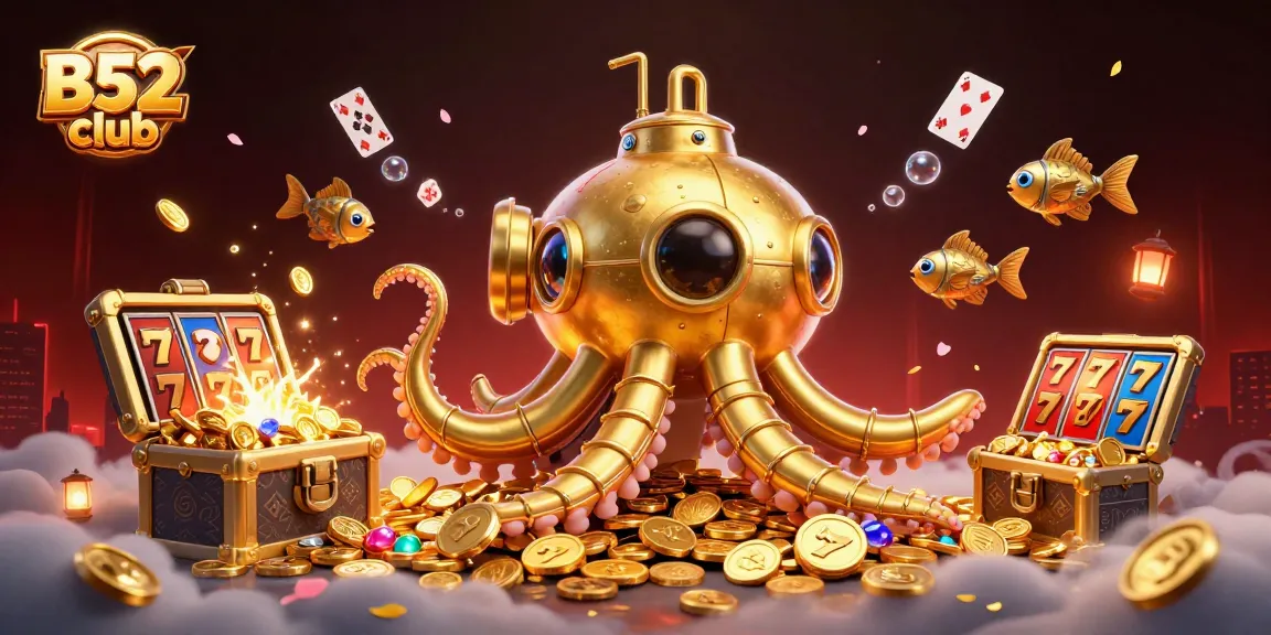 B52club aquarium scene showcasing a golden kraken submarine amidst slot machines and treasure.