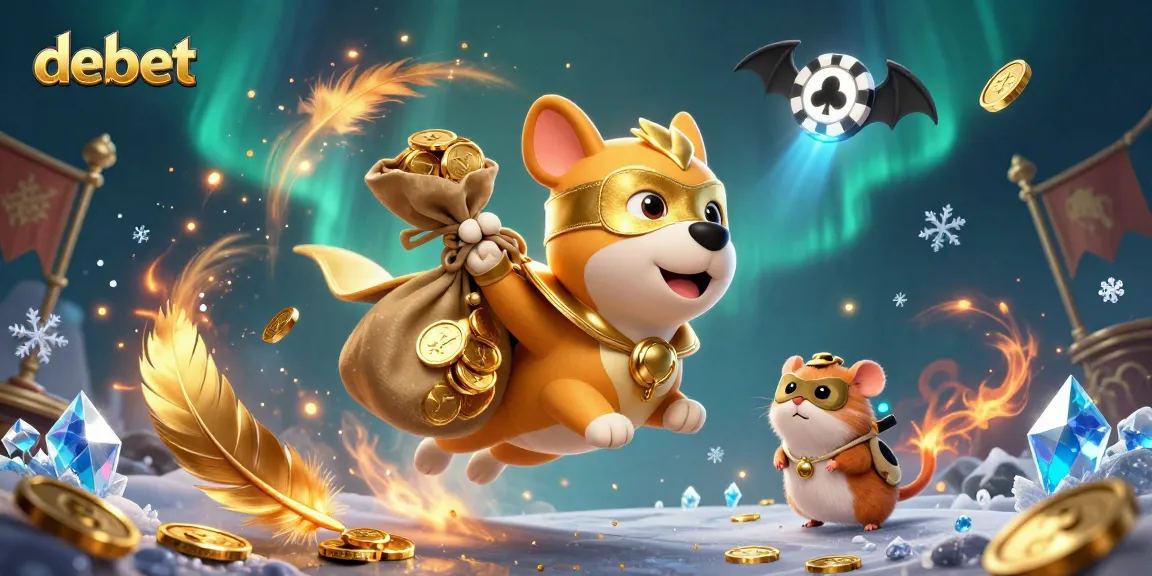 Experience vibrant action with debet as a superhero dog takes flight with gold coins.