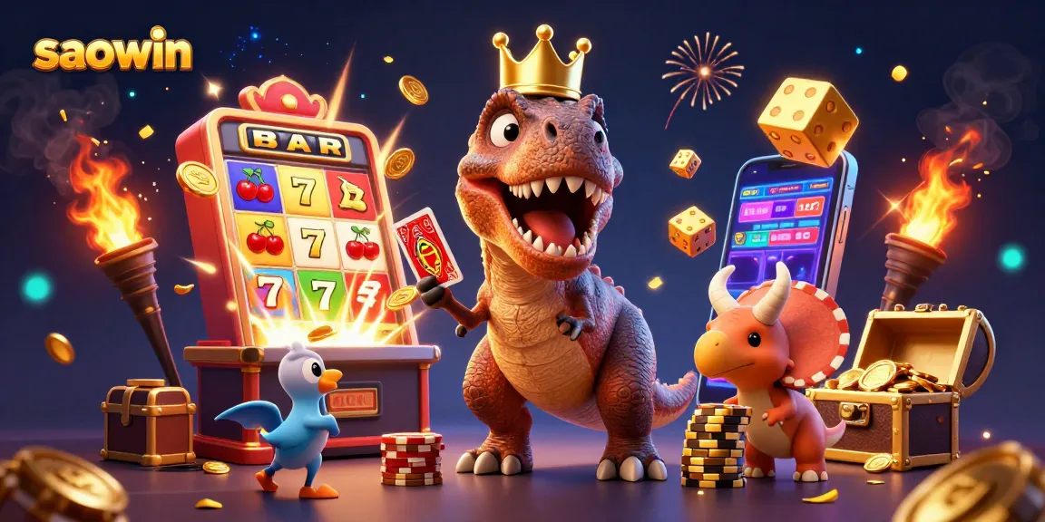 Experience the thrilling action at saowin with a whimsical dinosaur-themed casino celebration.