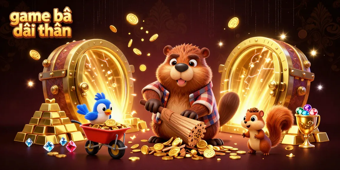 Play engaging game bài đổi thưởng with our cartoon character scene filled with gold treasures and excitement.