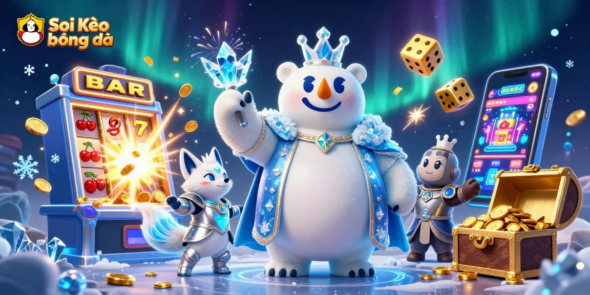 Soi Kèo bóng đá visual featuring the cartoon ice king with a snow fox among casino elements and jackpot excitement.