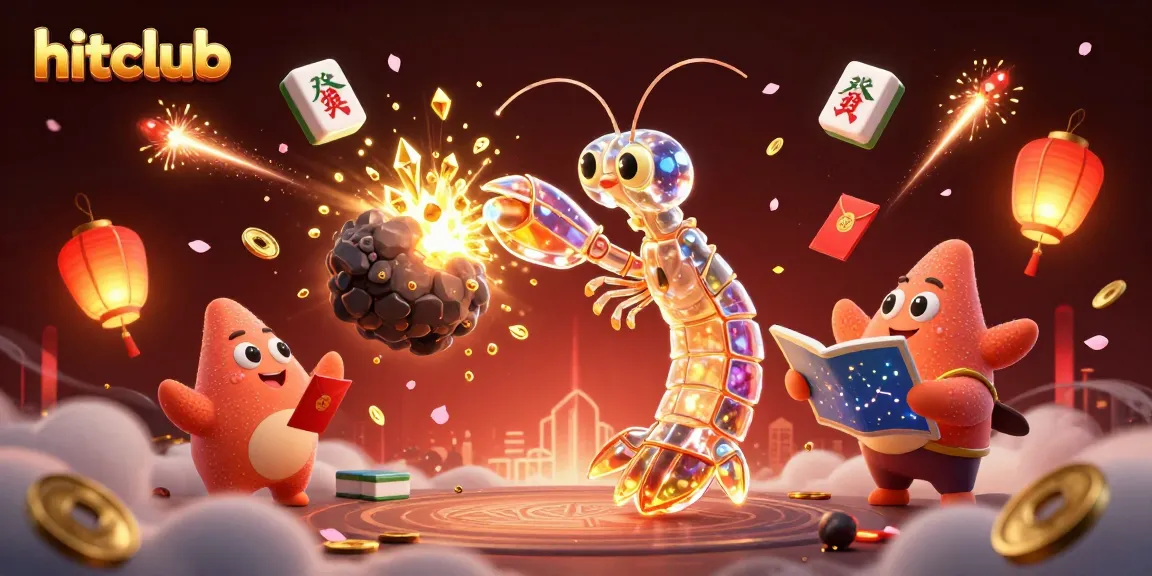 Experience the thrill of hitclub with vibrant visuals, where samurai shrimp battles asteroids amidst dazzling gems and joyful gaming elements.