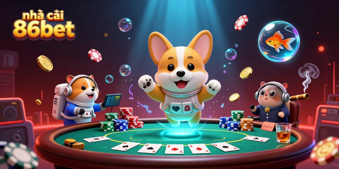 Experience the thrill of nhà cái 86bet with a vibrant casino scene featuring a corgi, hamster, and goldfish.