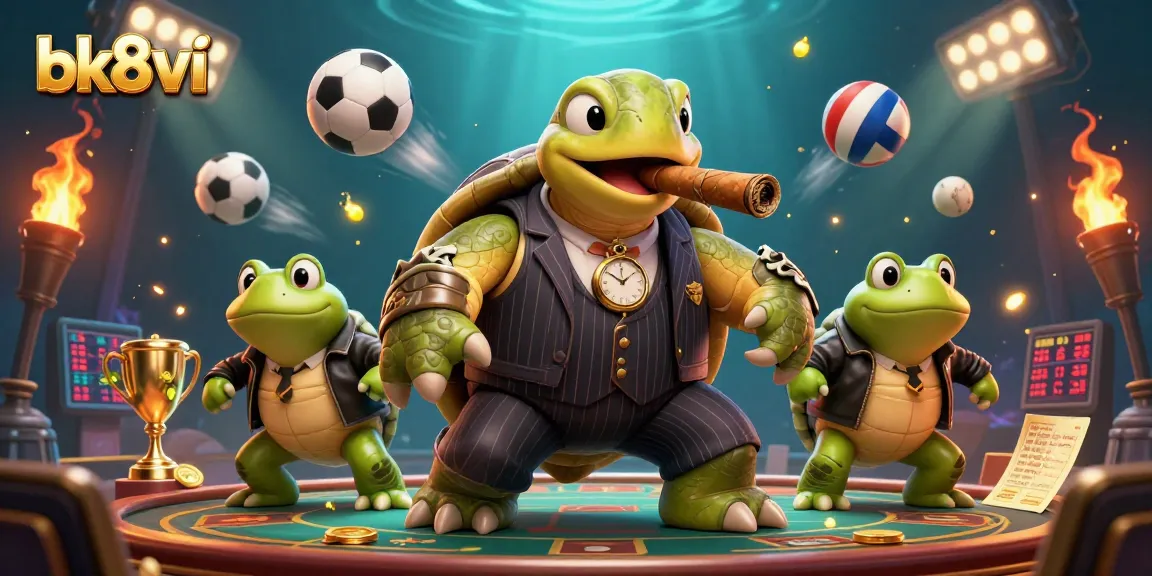Experience the thrill of sports betting with bk8vi's vibrant 3D casino scene featuring dynamic characters and action.