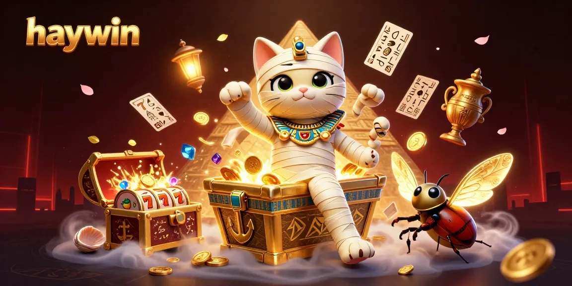 Experience thrilling gameplay at Haywin casino with a vivid scene of mummy cat and treasures!