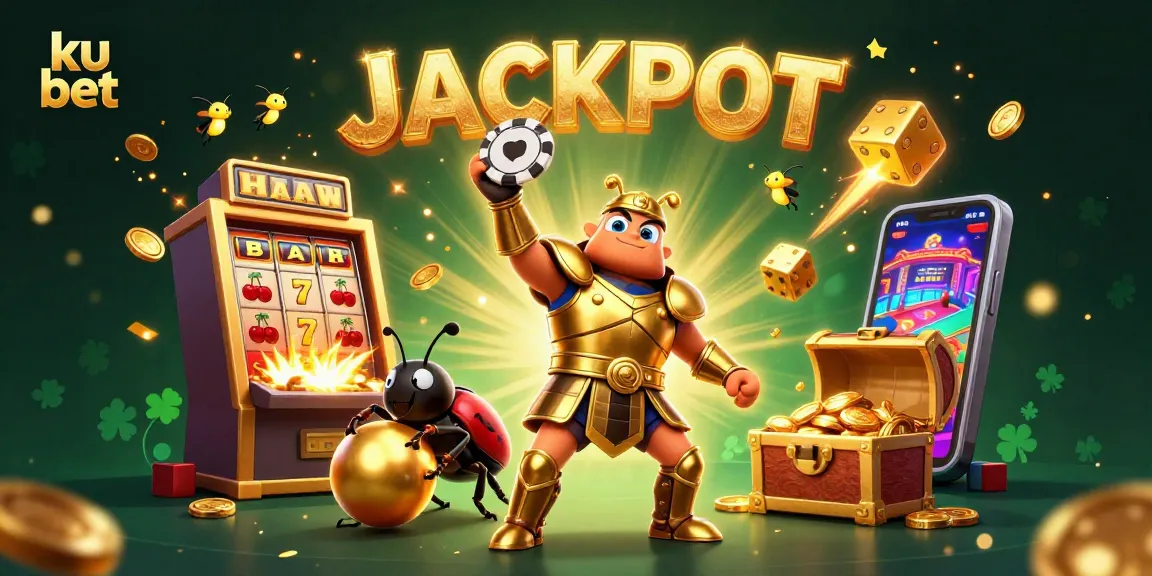 Win big with ku bet as the victorious beetle lifts a poker chip against a jackpot backdrop.