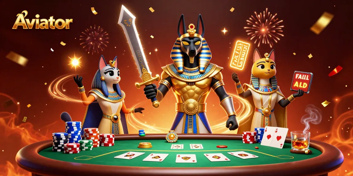 Aviator rewards abound as the Anubis warrior and Bastet celebrate with poker chips and cards in a lavish 3D scene.