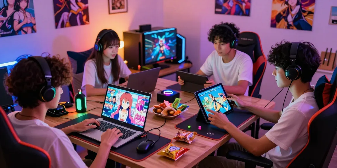 Diverse group enjoying hentai games on various devices in a cozy gaming room.
