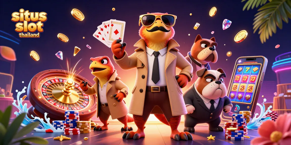 Engage in exciting gameplay at situs slot thailand with dynamic slot machines, colorful chips, and a whimsical scene.