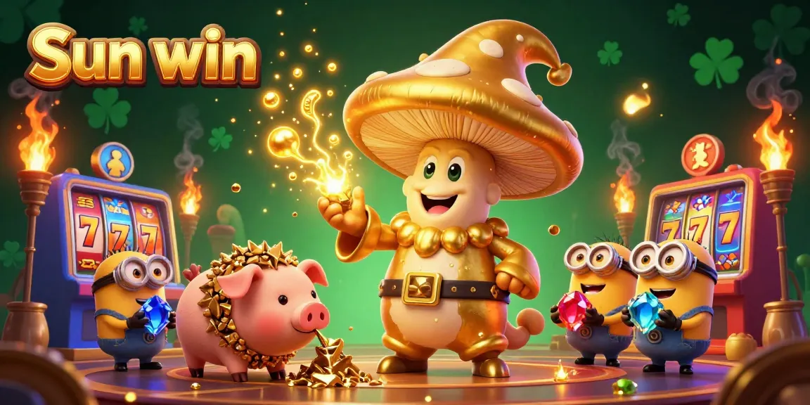 Engage in thrilling gaming action with Sun win, featuring a golden mushroom wizard and a treasure-hunting pig!