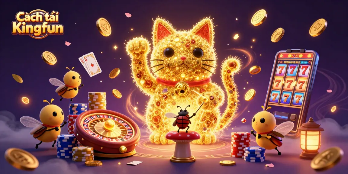 Experience Cách tải Kingfun with a vibrant and colorful digital illustration filled with casino elements.