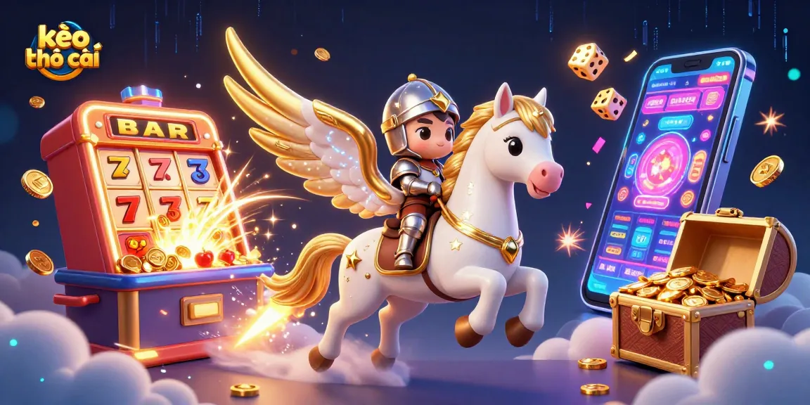 Engage with kèo nhà cái through an exciting illustration of a celestial horse and jackpot elements in a casino setting.