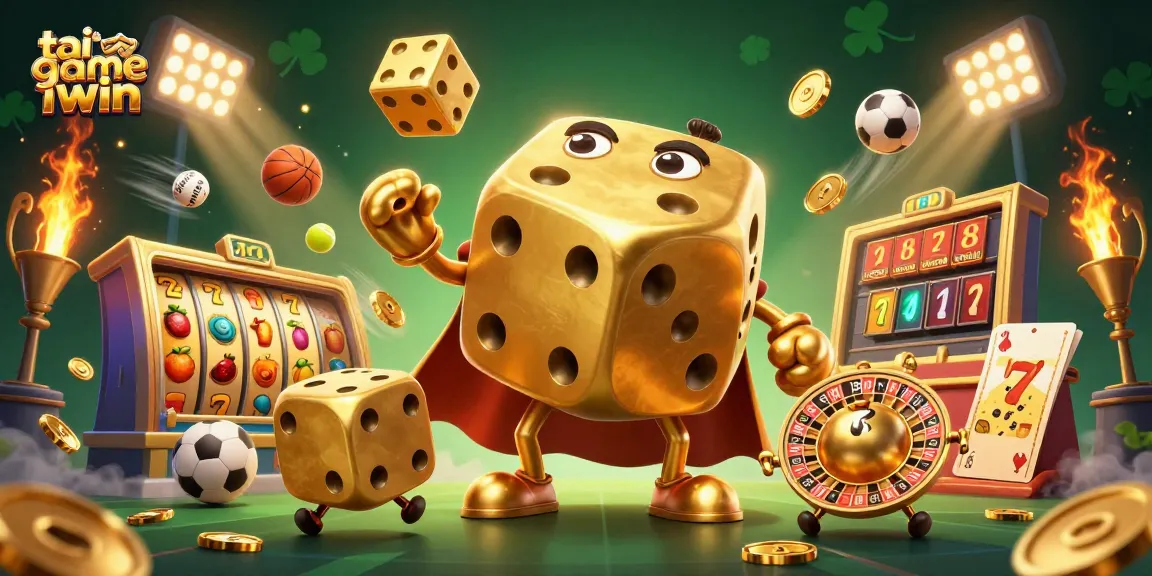 Engage in tai game iwin with this dynamic casino scene featuring golden dice and sports elements.