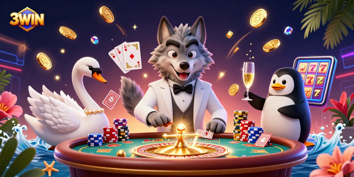 3WIN showcases a debonair wolf and elegant swan at a vibrant baccarat table with dynamic game elements.