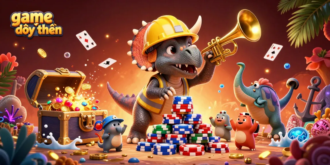 Play engaging game đổi thưởng with triceratops building poker chips and joyful celebration.