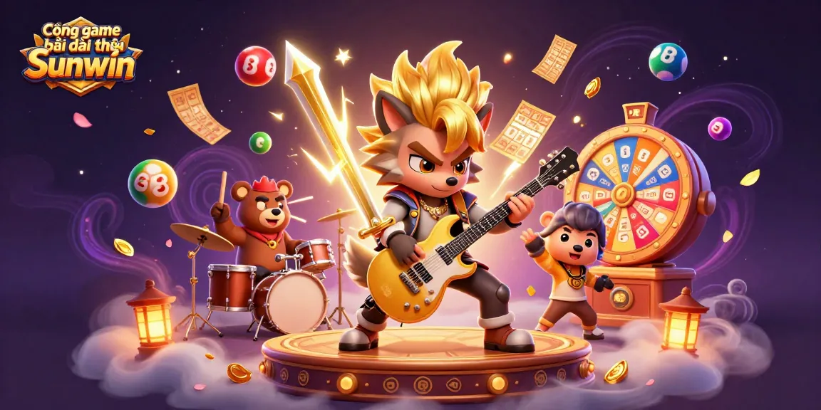 Cổng game bài đổi thưởng Sunwin showcases a vibrant casino stage with dynamic characters and exciting gaming elements.