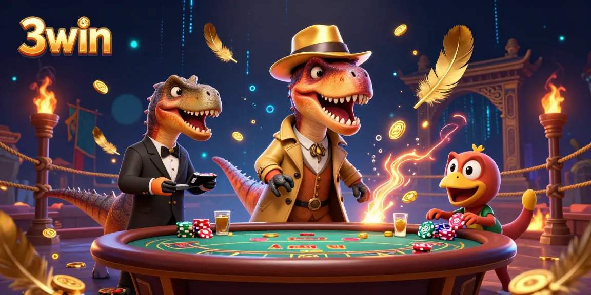 3win players revel in a vibrant casino scene with animated characters amidst animated effects and gold.