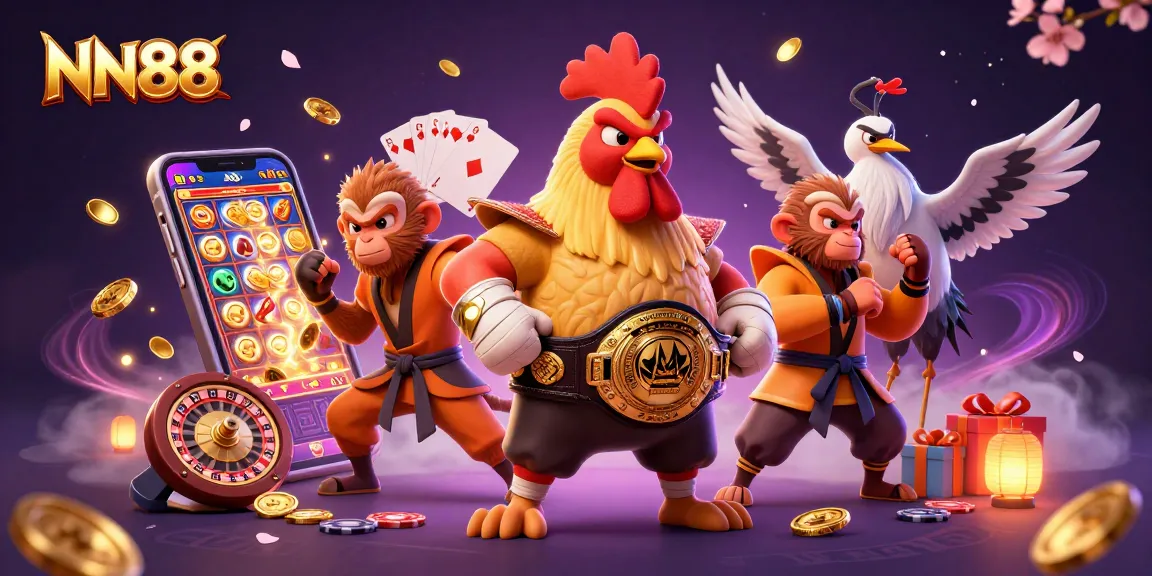 Experience thrilling gameplay at NN88, featuring an exciting casino scene with vibrant characters and dynamic game elements.