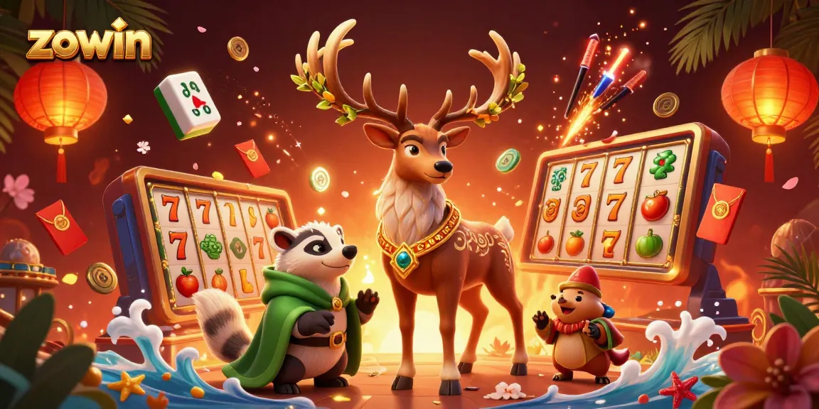Zowin players enjoy thrilling slots amidst a vibrant 3D casino scene filled with magic and surprises