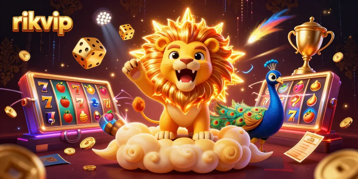 Experience thrilling gameplay at rikvip with vibrant slot reels, a sun lion, and electric energy.