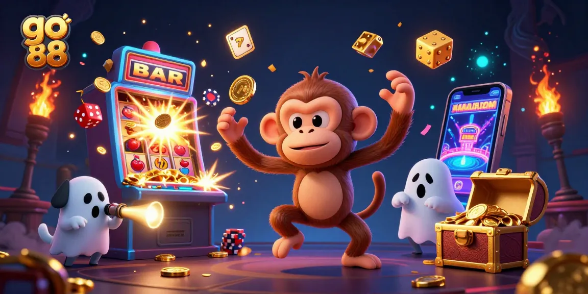 Engage with go 88's animated casino scene featuring a juggler and a playful ghost-hunter puppy.