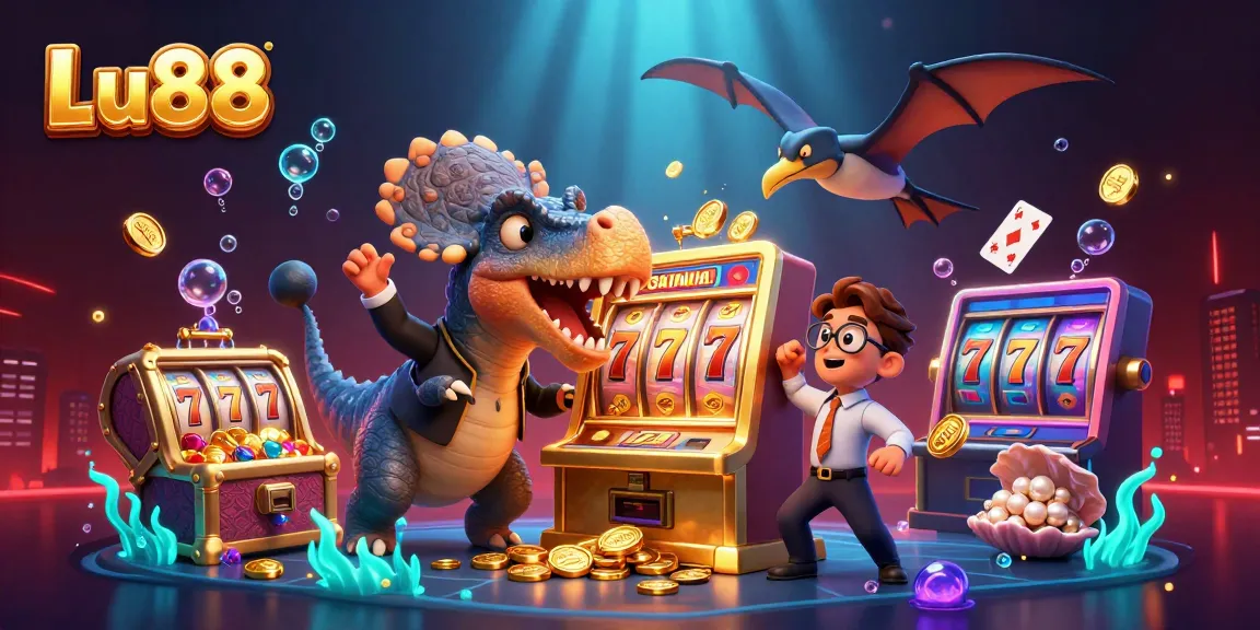 Experience thrilling wins at Lu88 as a cartoon dinosaur interacts with a golden slot machine.