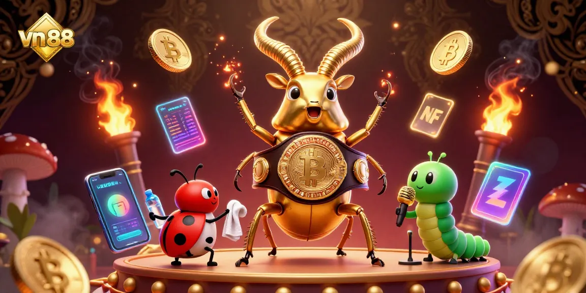 Engage in exciting gameplay with vn 88's vibrant scene showcasing a golden beetle champion amidst crypto elements and dynamic backgrounds.
