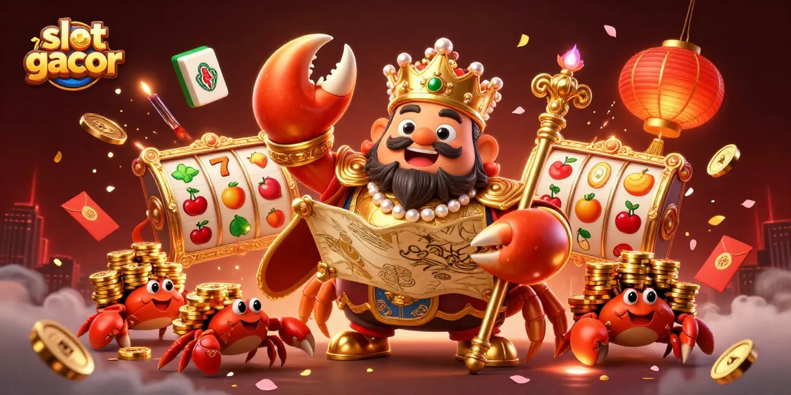 Experience slot gacor excitement with a golden crab emperor and vibrant slot game elements.