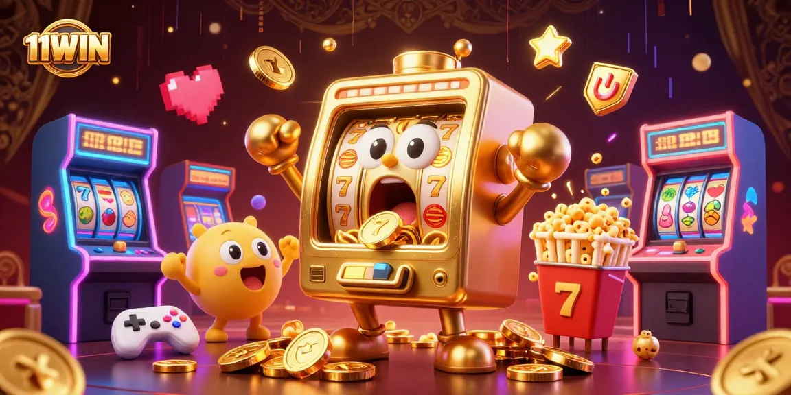 Spin to win big with 11WIN's animated golden slot machine hitting jackpots!