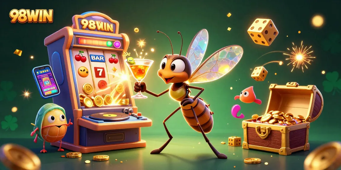 Experience the excitement at 98WIN with vibrant casino elements and characters in a dynamic scene.