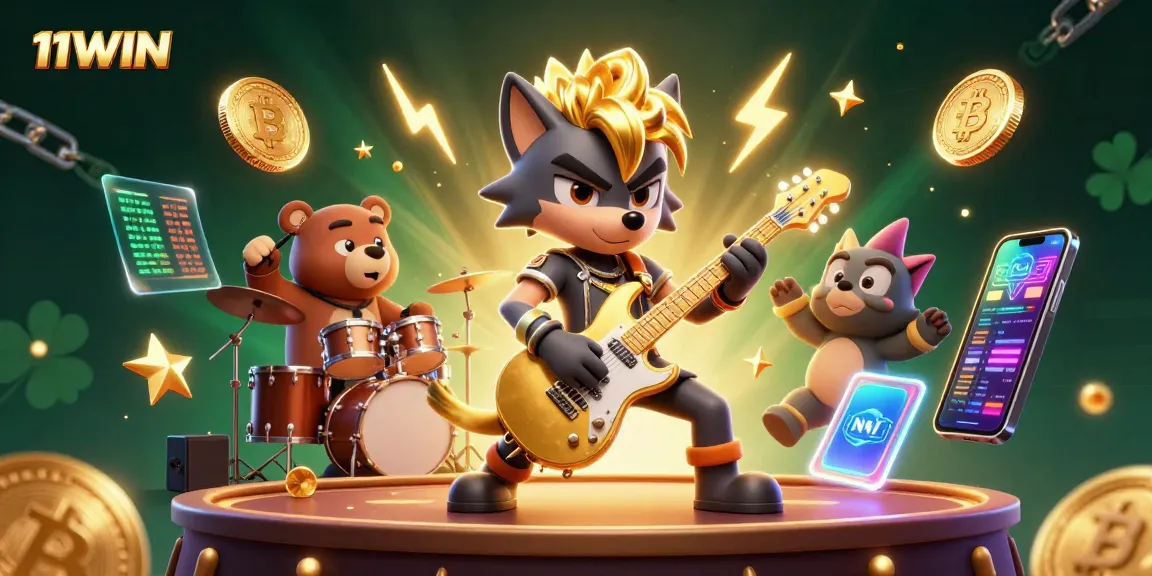 Join the excitement with 11WIN in this vibrant casino scene featuring explosive rock elements and digital currency.