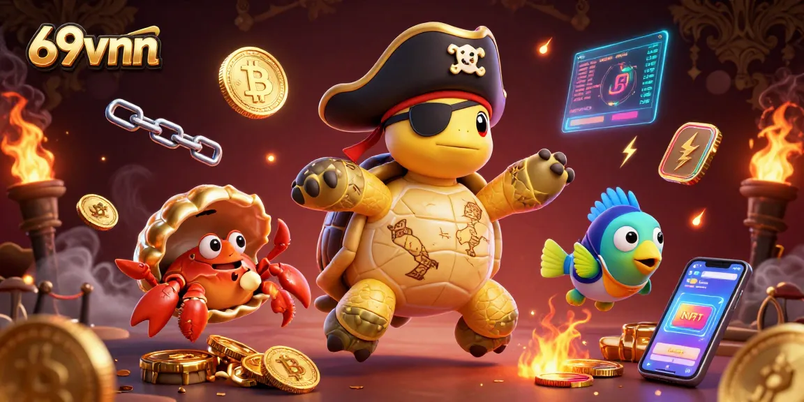 Engage in thrilling gameplay with 69vnn, showcasing a vibrant pirate-themed casino scene with crypto coins.