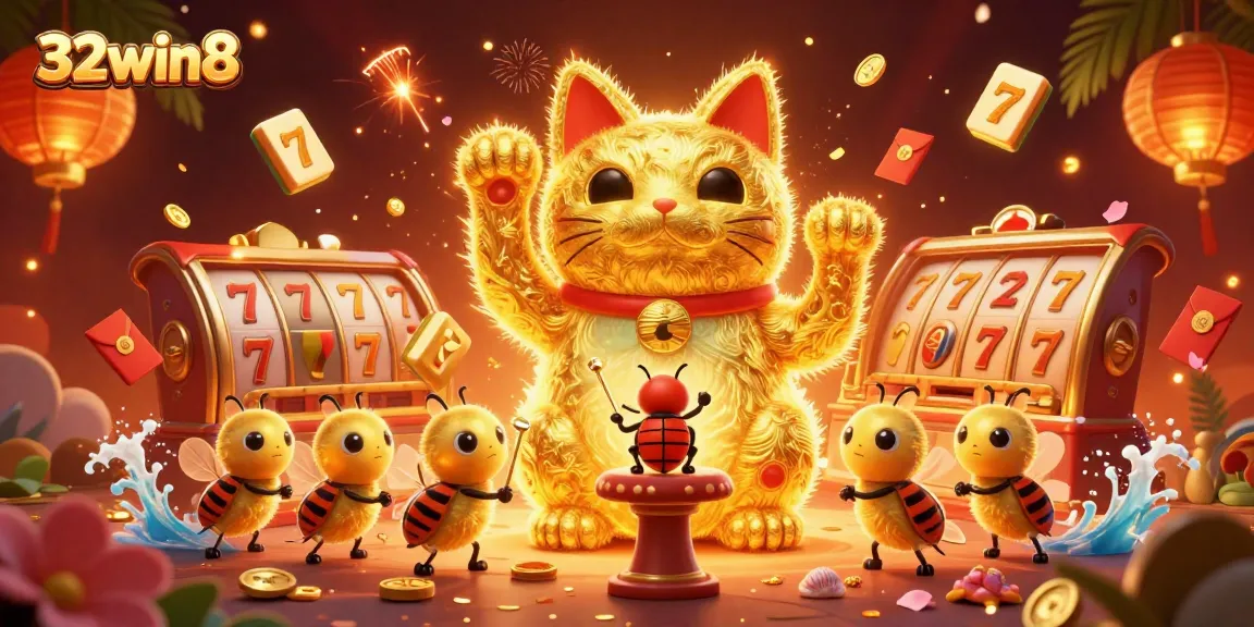Spin the reels at 32win8 with a lively golden lucky cat and vibrant casino symbols.