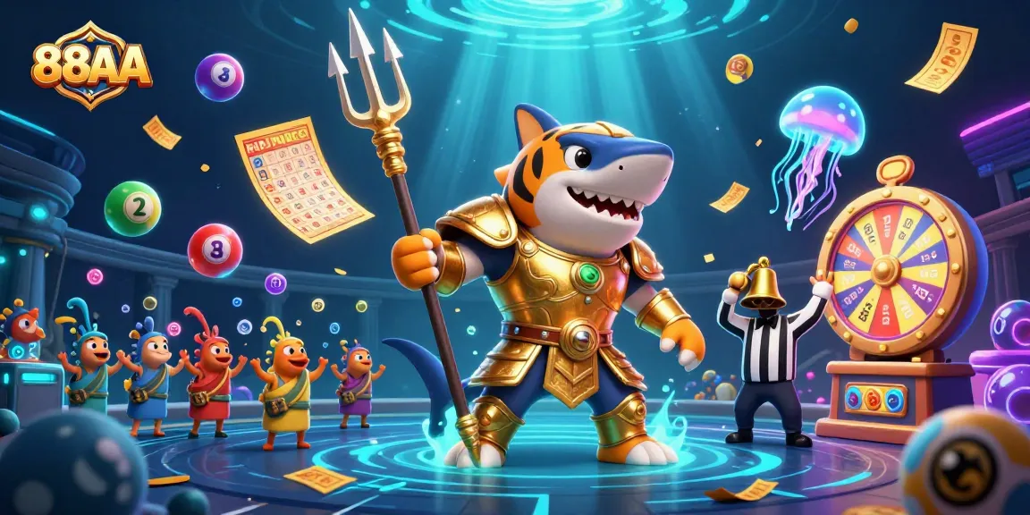 Experience thrilling excitement at 88AA as a tiger shark in gladiator armor battles in a vibrant underwater casino.