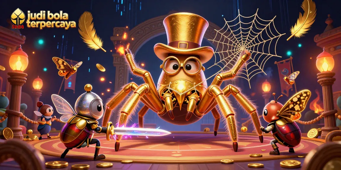 Experience judi bola terpercaya with excitement as a giant tarantula interacts with a beetle knight in a dynamic casino-themed scene.