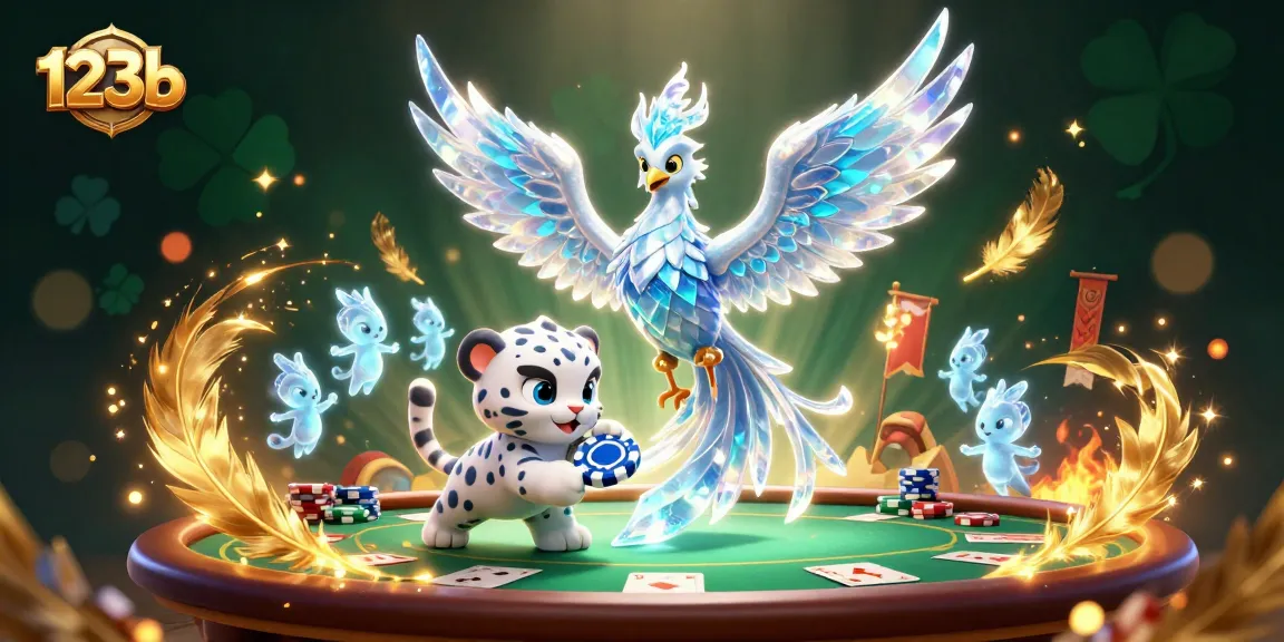 Engage in thrilling poker action at 123b featuring an ice phoenix and snow leopard cub.