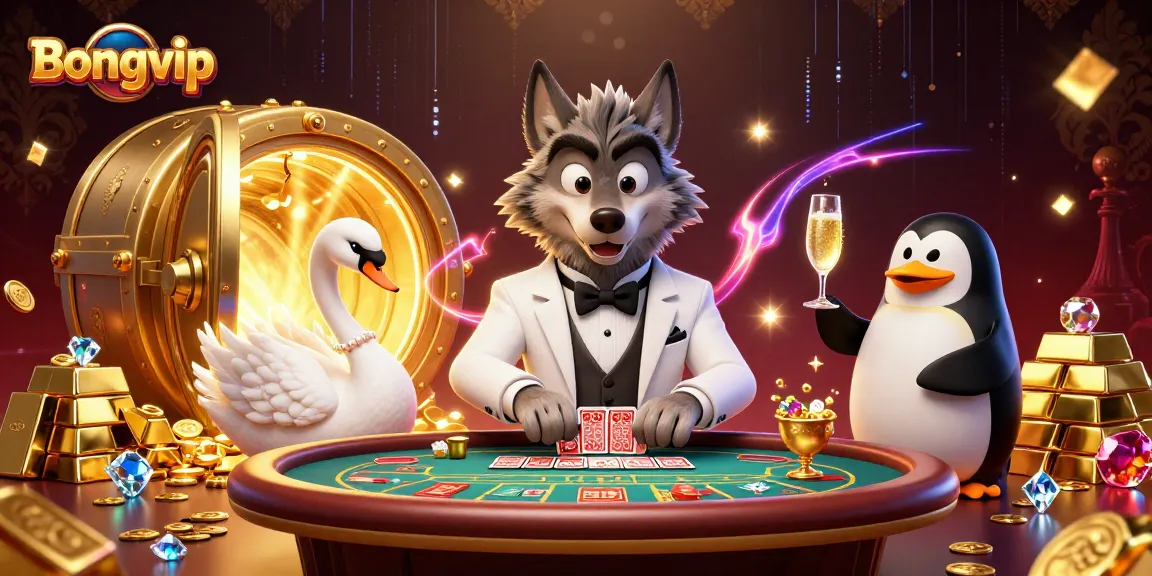 Bongvip players enjoying Baccarat with a wolf, swan, and penguin in a luxurious casino setting