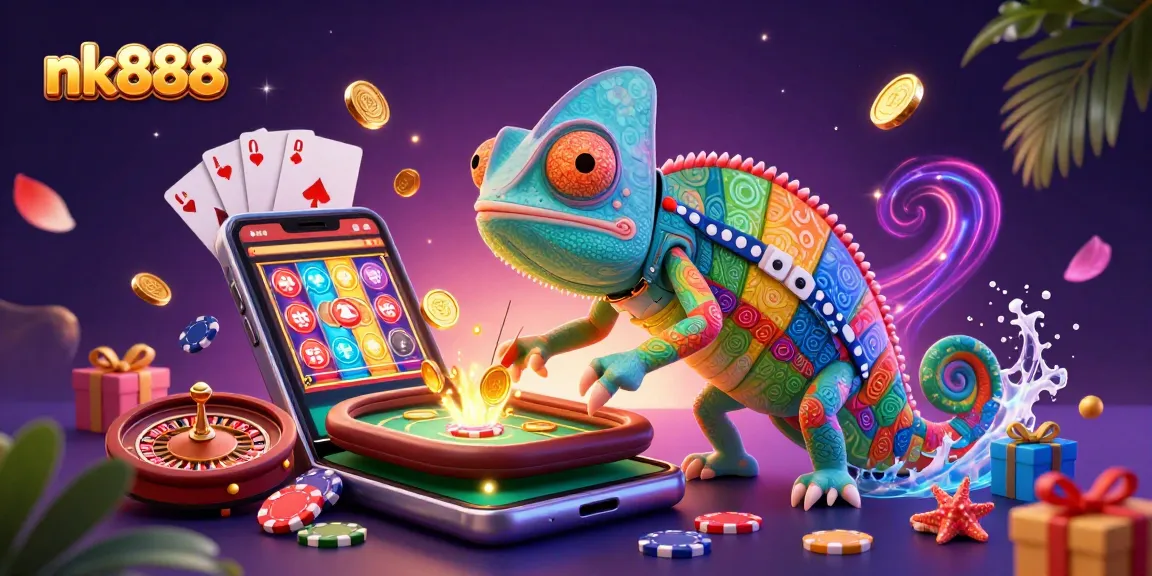 Win big with nk888 at a vibrant casino scene featuring colorful slot games and golden coins.