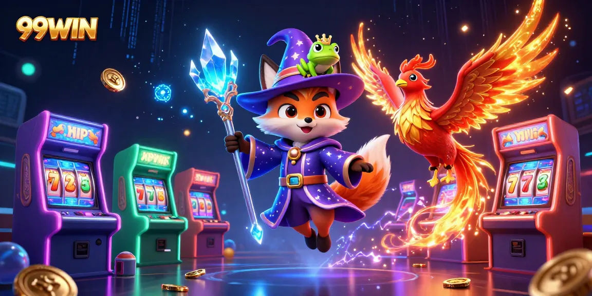 Engage with 99WIN's vibrant online casino illustrated scene with gaming elements and colorful characters.